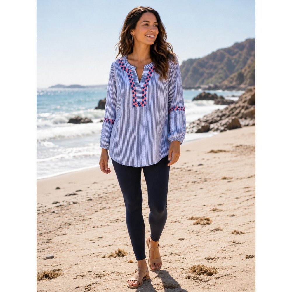 Vineyard Vines Women Blue/White Seersucker Embroidered V-Neck Tunic Blouse Sz L